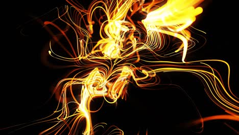 flow of particles forms curled yellow lines like glow light trails, lines form swirling pattern like curle noise. abstract 3d animation as bright creative festive background. fast lines of light