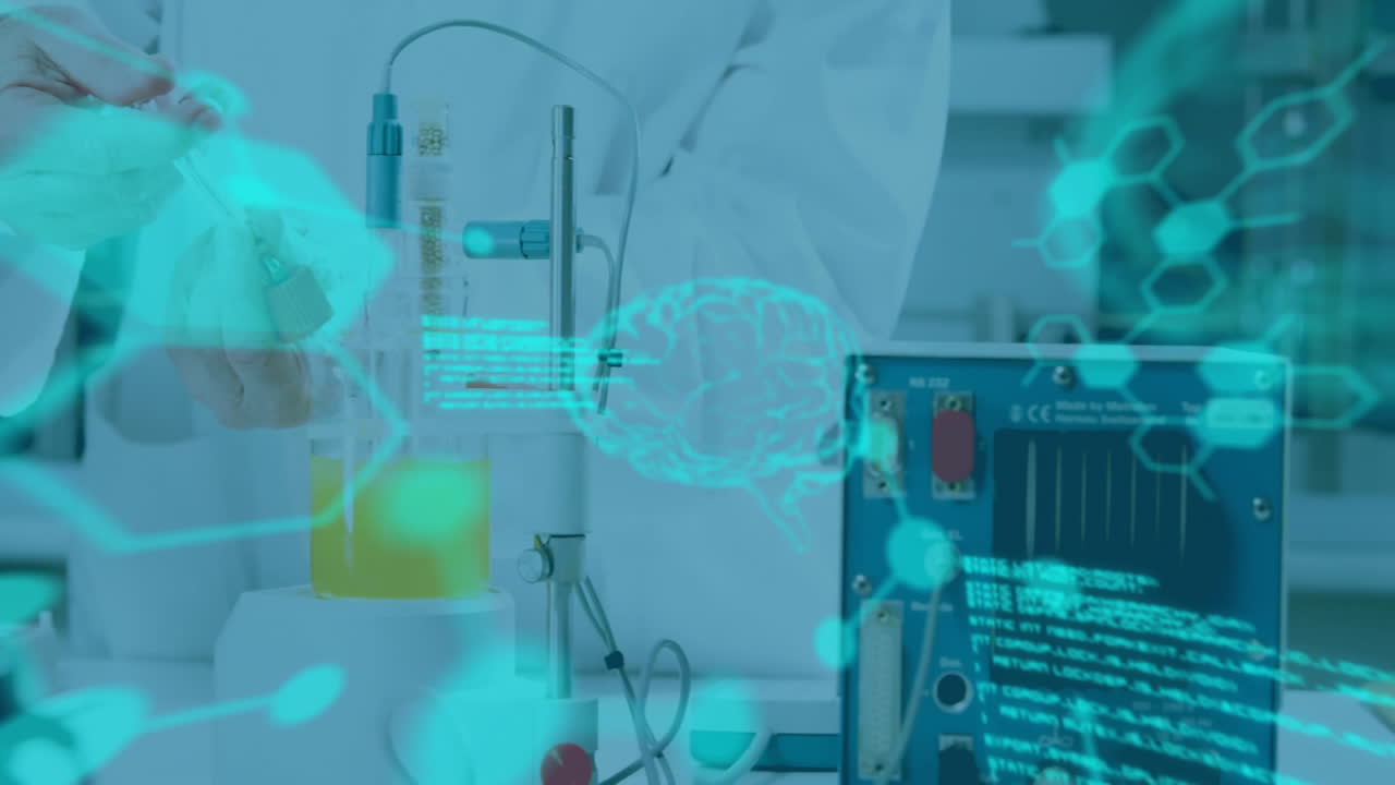 animación de procesamiento de datos científicos sobre equipos de laboratorio y científicos que trabajan