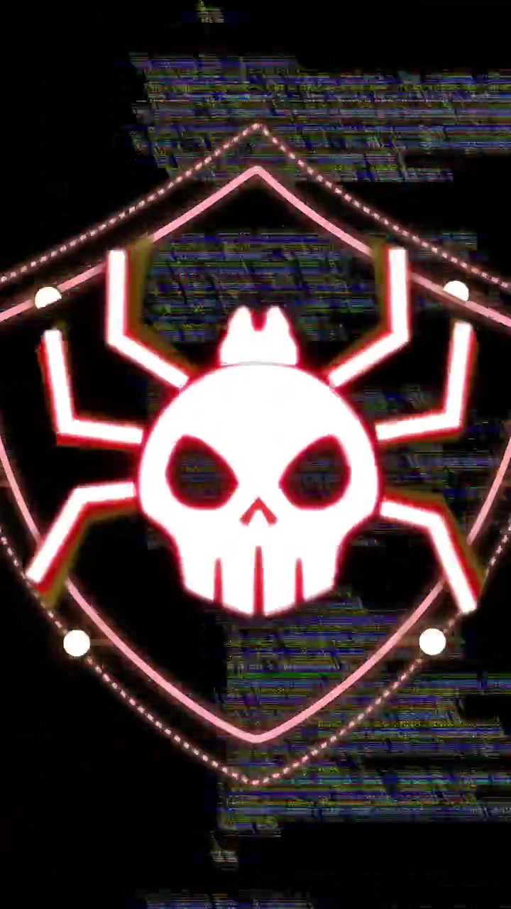 Animation af cybersikkerhedstrussel med kranie- og edderkoppeskjoldikon over programmeringskode