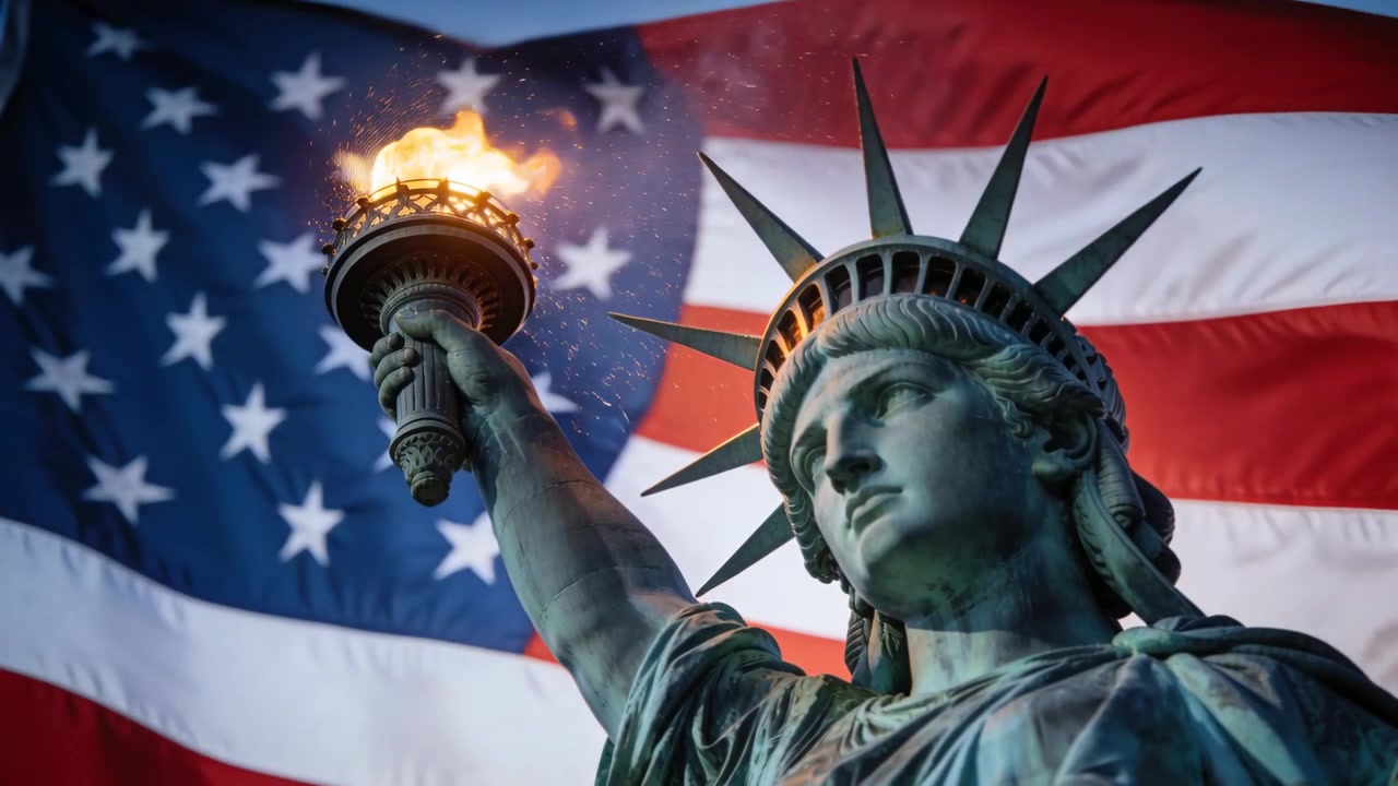Mostrando la Statua della Libertà che si erge contro la bandiera degli Stati Uniti, con la brezza che increspa le strisce e la torcia tremolante.