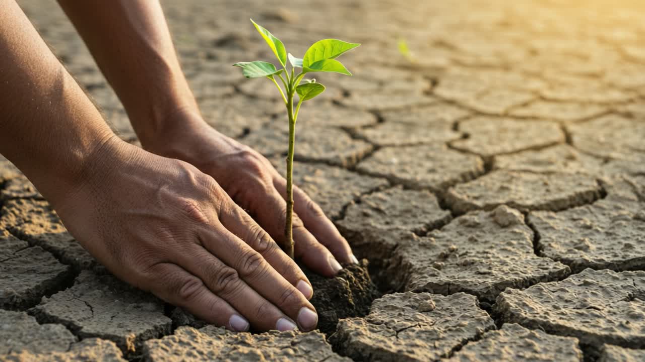 Hands gently plant a small green sapling into the dry, cracked earth, symbolizing hope for environmental recovery and the fight against climate change. The sun sets softly in the background.