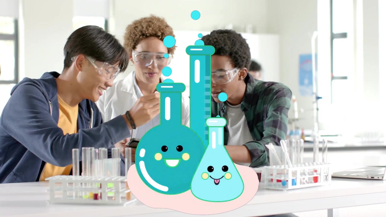 Students gathering lab bench, animated beakers appearing, pipetting, testing reactions on tablet