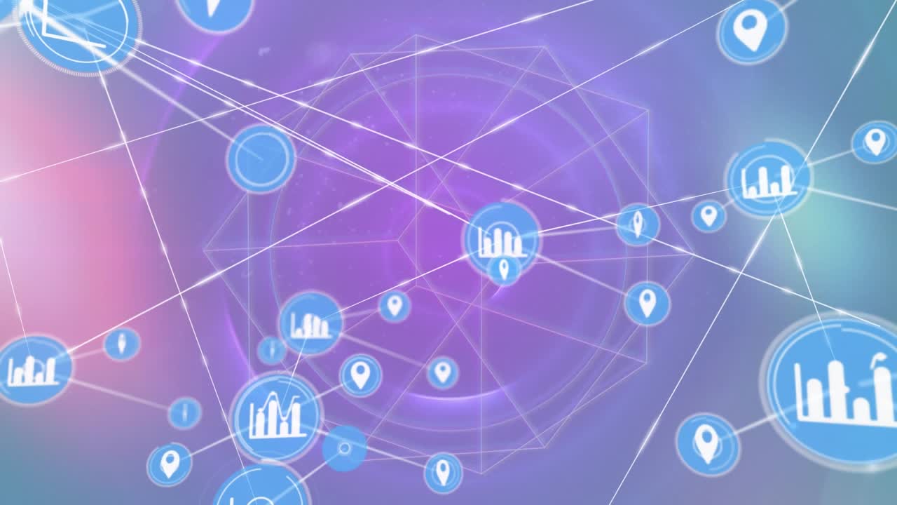 Animation af netværk af digitale ikoner over abstrakte geometriske former og farverige lyspletter