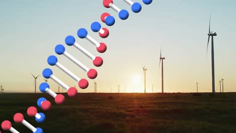 Animation-of-dna-strand-spinning-over-wind-turbines-in-countryside