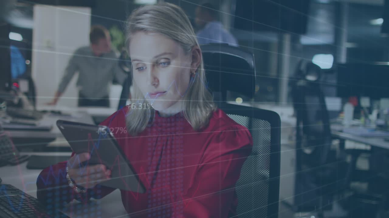 Animation of data processing over caucasian businesswoman using tablet