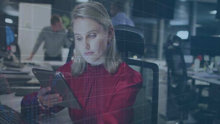 Animation of data processing over caucasian businesswoman using tablet