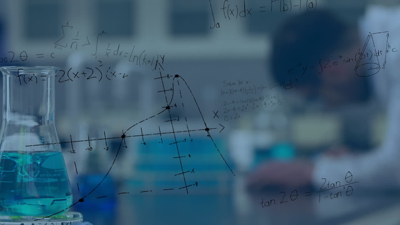 animación de fórmulas matemáticas sobre el científico en el laboratorio