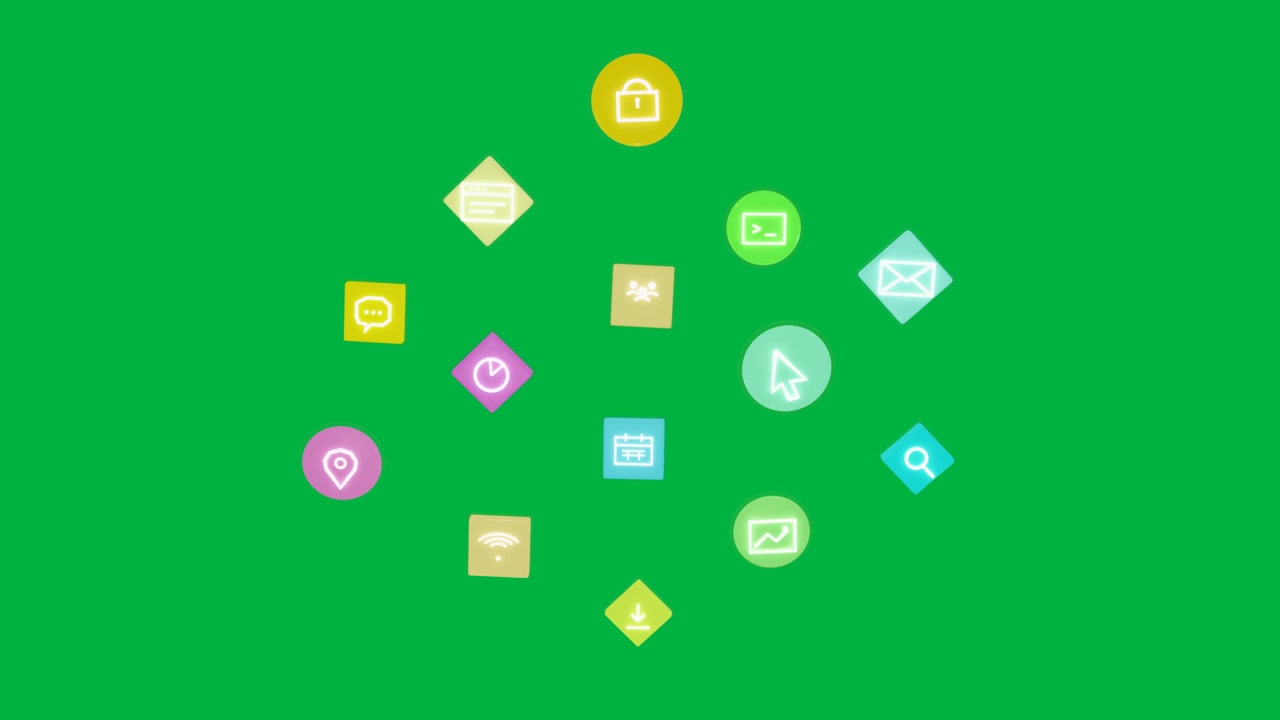 Diamante lime che appare in basso, icone iniziali che formano un anello, collassando e mostrando il menu su sfondo trasparente