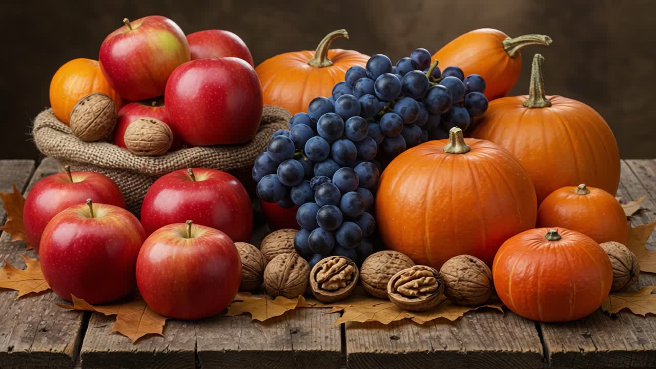 Una vivace esposizione del raccolto autunnale con mele fresche, zucche, uva e noci su un tavolo di legno rustico circondato da foglie autunnali