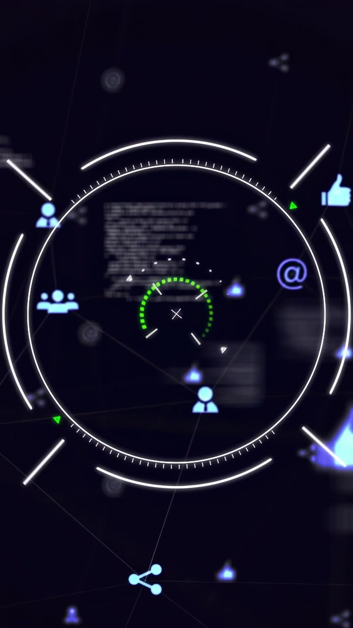 Vertical video: Opening HUD showing rotating circular ring, green arc sweeping icons mapping tech