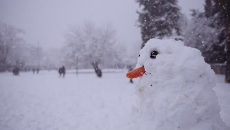 close up de un hombre de nieve en el parque mientras está nevando fuertemente y la gente en el fondo, la tormenta de nieve de atenas
