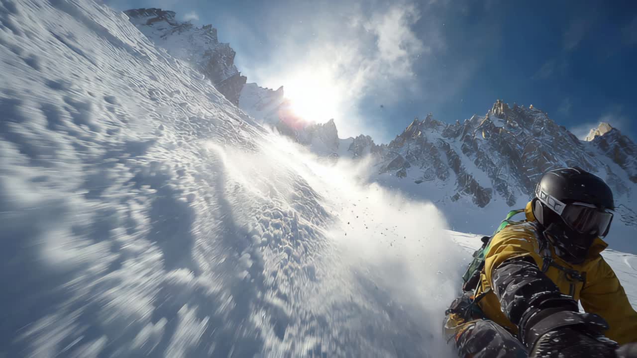 Snowboarder shredding down a sunlit mountain slope