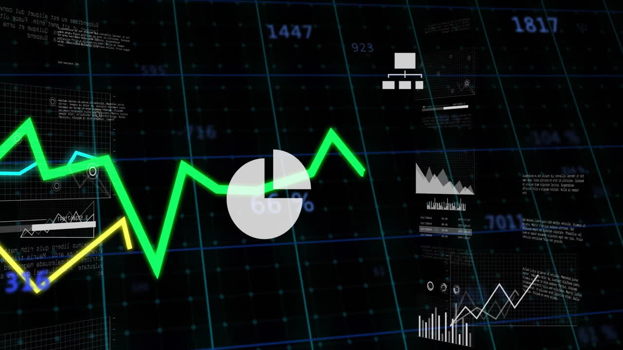 Animating digital financial data, green line graph and pie chart displaying trends