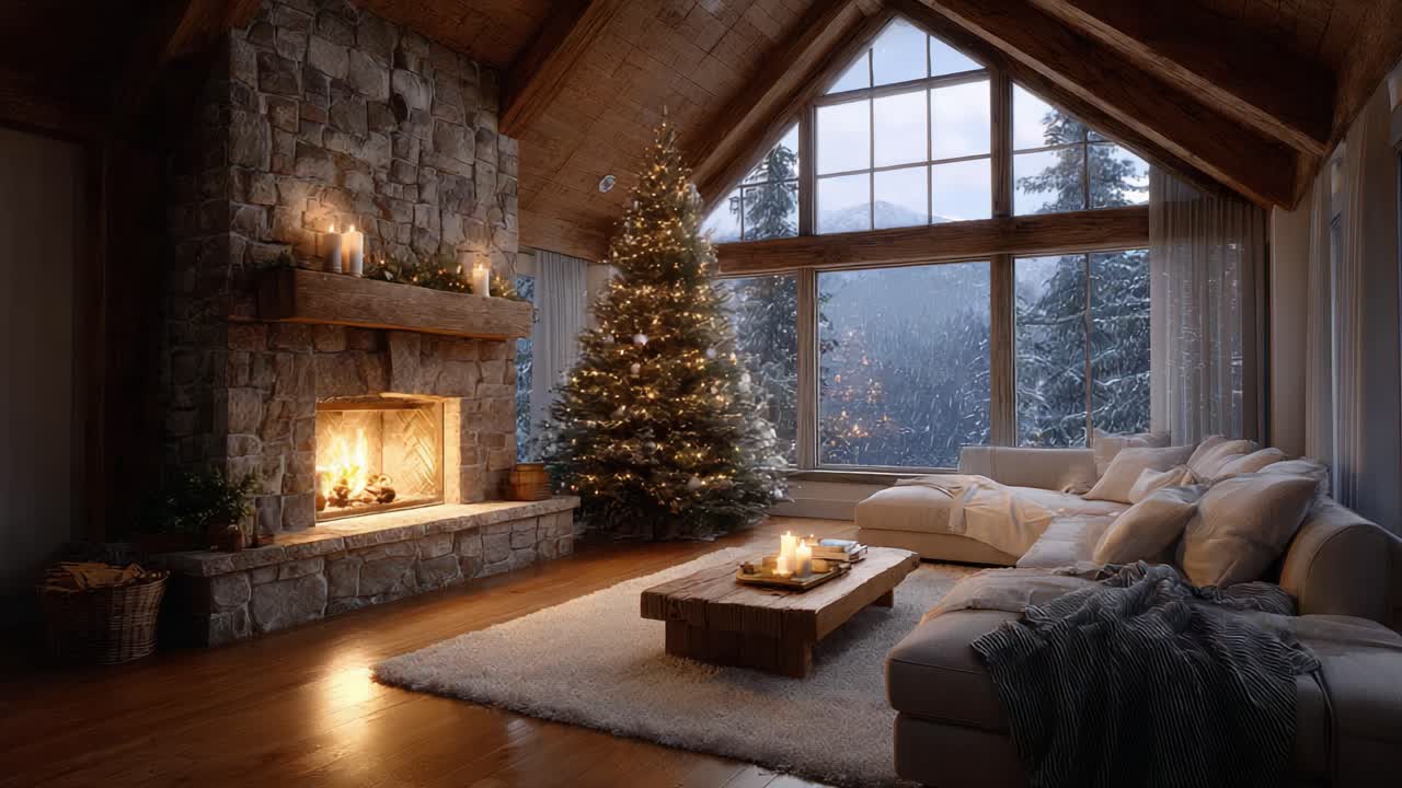 Cozy Winter Retreat: A Warm and Inviting Living Room with a Beautifully Decorated Christmas Tree Glowing by the Firelight, Bringing Joy and Festivity to the Season