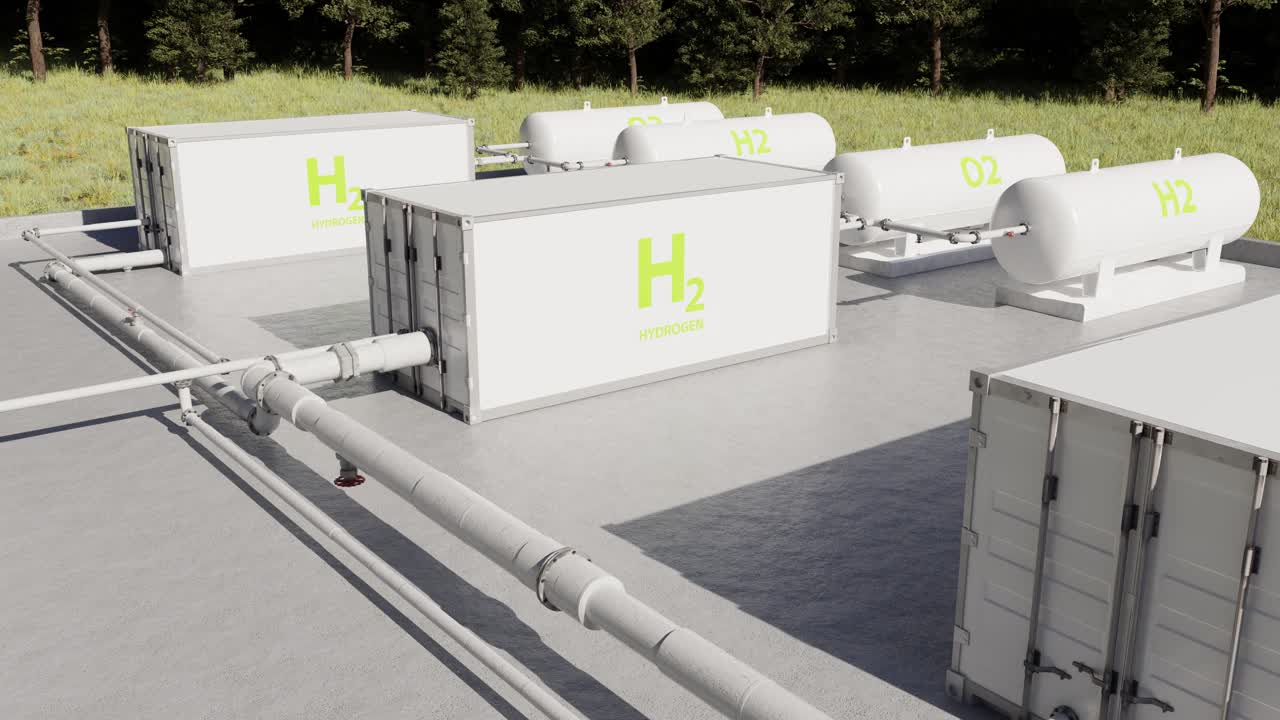 White tanks with liquid hydrogen and oxygen in factory yard. 3d animation
