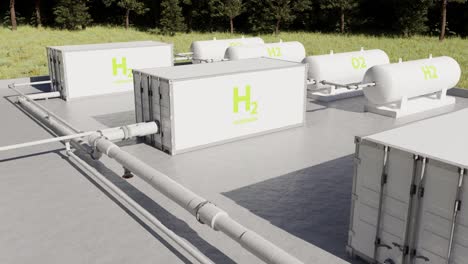 white tanks with liquid hydrogen and oxygen in factory yard. 3d animation