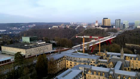 timelapse aerial drone shot over construction in luxembourg city center