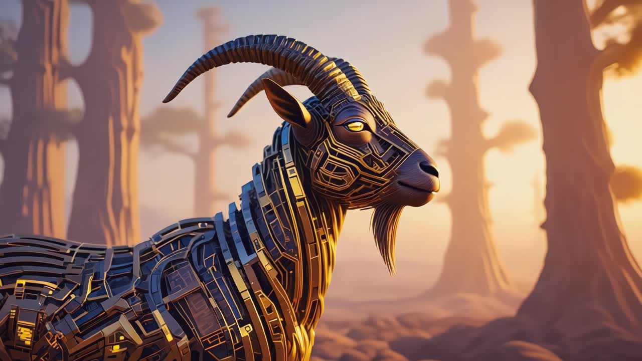 Cybernetic Goat in a Futuristic Desert Landscape