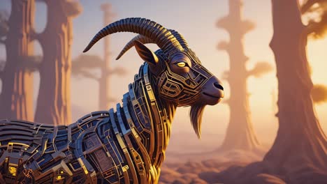 cybernetic goat in a futuristic desert landscape