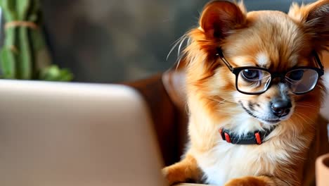 a small dog wearing glasses sitting in front of a laptop computer