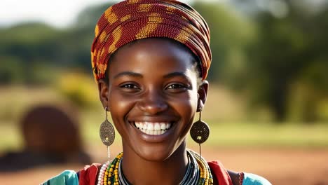 A vibrant, close-up video captures a smiling person in traditional attire, shot from a front angle