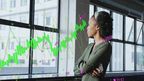 Animation-Von-Diagrammen,-Steigenden-Zahlen,-Frau-Mit-Gemischter-Abstammung-Checkt-Ihr-Handy,-Während-Sie-Durchs-Fenster-Schaut