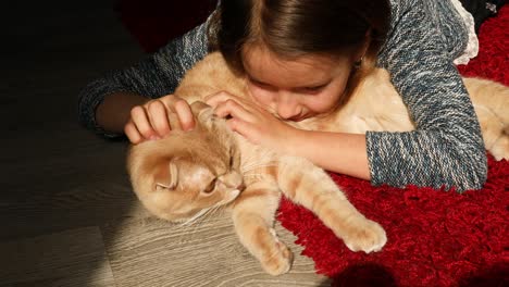 happy little girl smiles while cuddling and caressing her cat laying on the floor at home on sunlight.