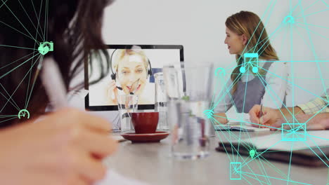 data processing animation over business meeting with video call, network of connections