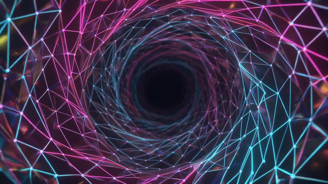 Tunnel astratto a wireframe neon che si muove attraverso lo spazio digitale