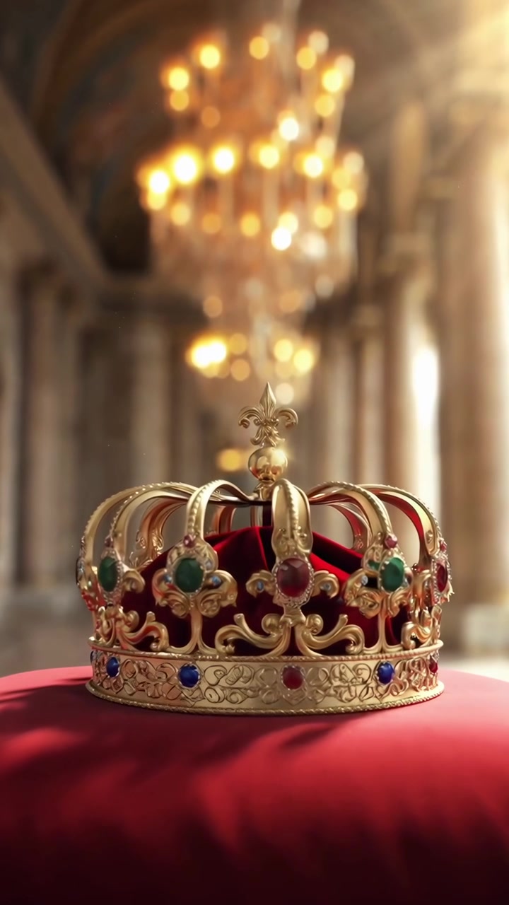 Golden Royal Crown Resting on a Red Velvet Cushion