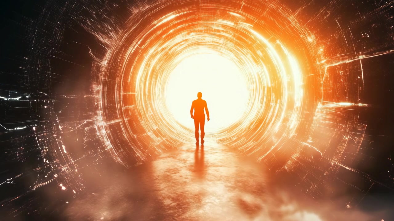 Silhouette of Person Walking Towards Bright Light in Futuristic Tunnel