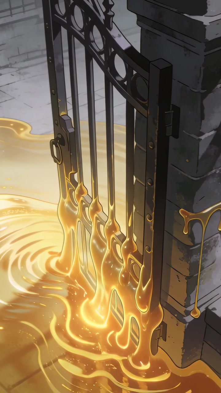 Vertical video: Pooling at base, molten gold coating wrought iron gate at courtyard, forming drips