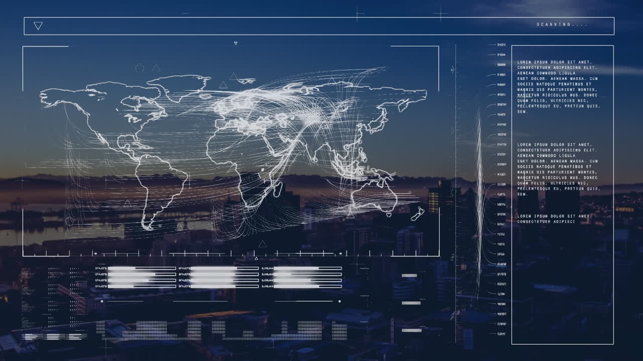 Animation of financial data processing and world map over cityscape