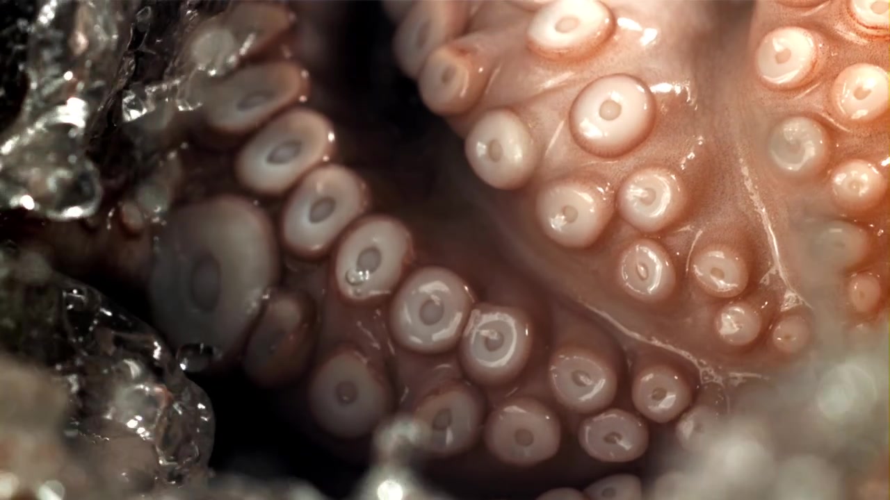 Agua salpicando sobre tentáculos de pulpo frescos