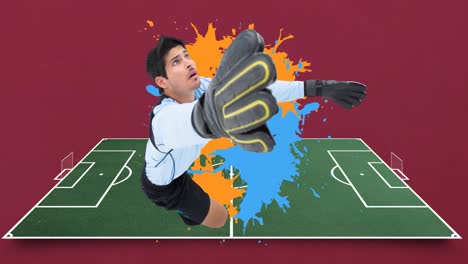 Animation-of-football-goalkeeper-over-football-pitch-on-red-background