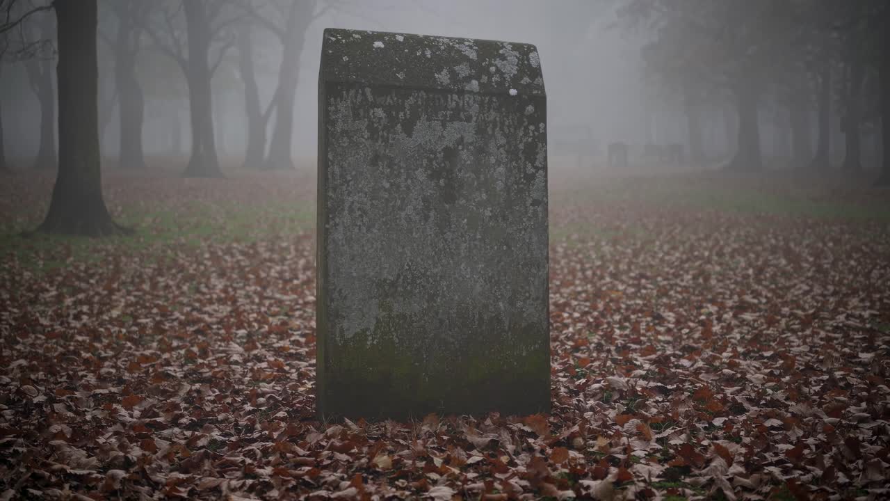 Eerie, misty graveyard scene with a low-angle shot of a weathered tombstone