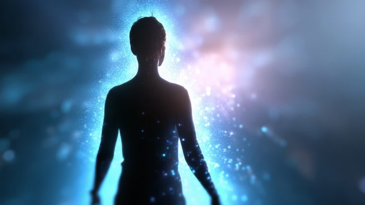 Una silueta emerge de un telón de fondo cósmico, rodeada de partículas luminosas y luces brillantes, personificando la intersección de la humanidad y el universo.