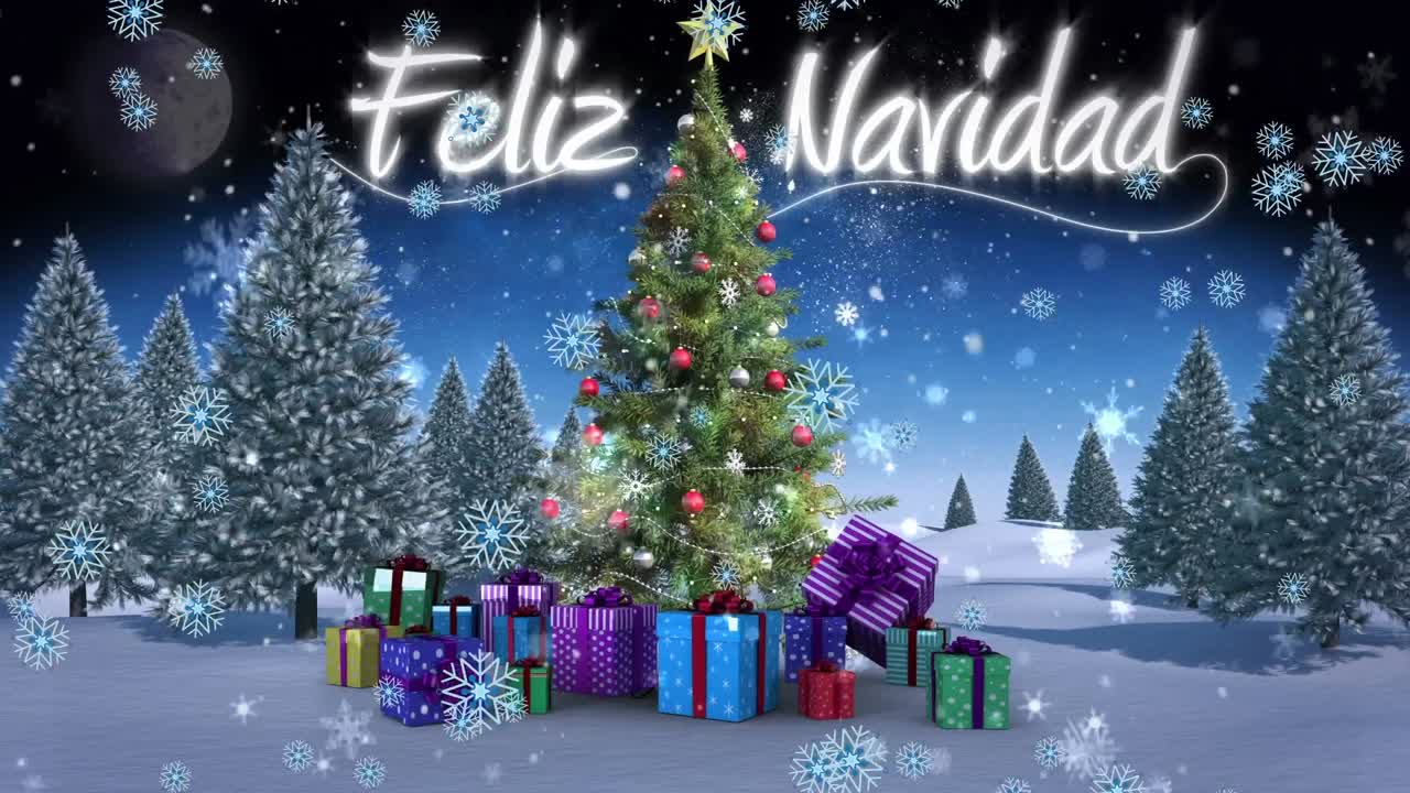 copos de nieve cayendo sobre el árbol de navidad y regalos en el paisaje de invierno y feliz navidad texto en el cielo