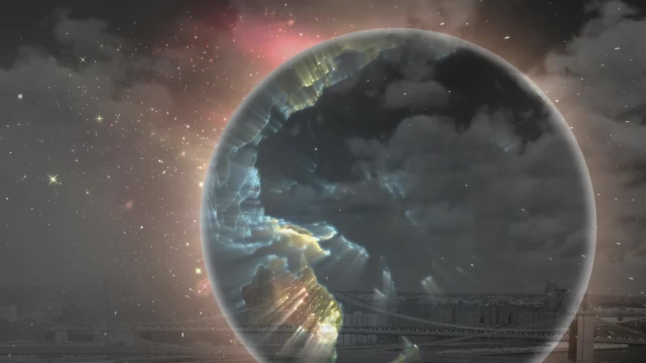 Animatie van globe met netwerk en gegevensverwerking over sportgras en blauwe lucht