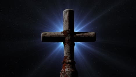 a cross made of stone and an optical flare with a star background at night