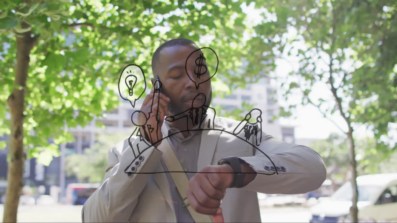 Checking watch, businessman talking on phone with animation of financial icons