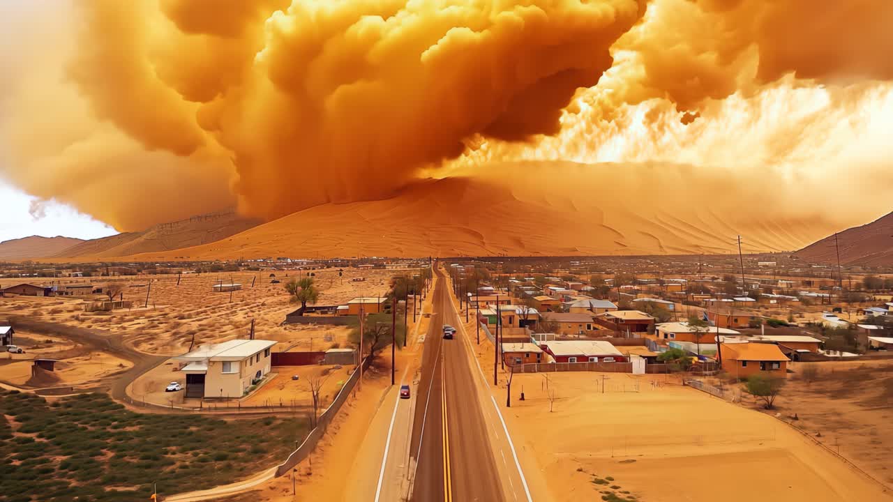 A desert scene with a large cloud of smoke in the distance. The smoke is coming from a fire in the distance