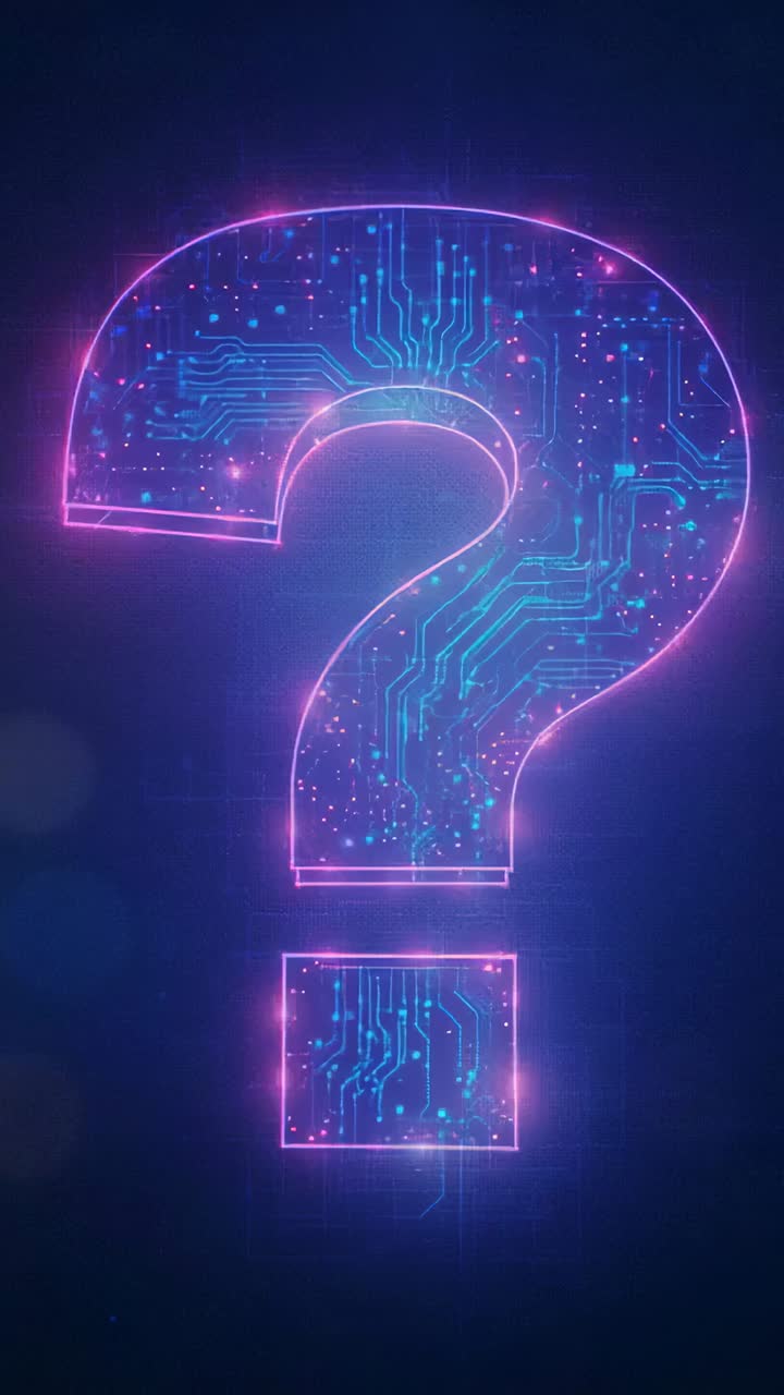 Vertical video: Starting animation neon question mark pulsing with dot lighting circuit in set