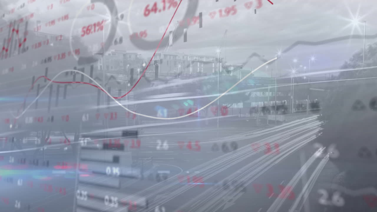 Financial data overlay merging with blurred night highway, showing line charts and candles