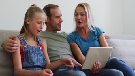 Caucasian-parents-sitting-on-sofa-with-daughter-talking-and-looking-at-digital-tablet