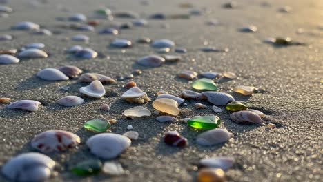 a beautiful collection of colorful shells and sea glass on the shoreline, captured in soft natural light, highlighting their unique patterns and textures