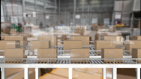 animation of data processing over boxes on conveyor belt in warehouse