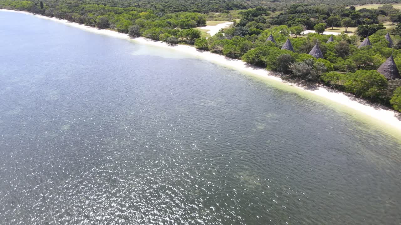 Drone aerial moving forward over a beach with trees in New Caledonia