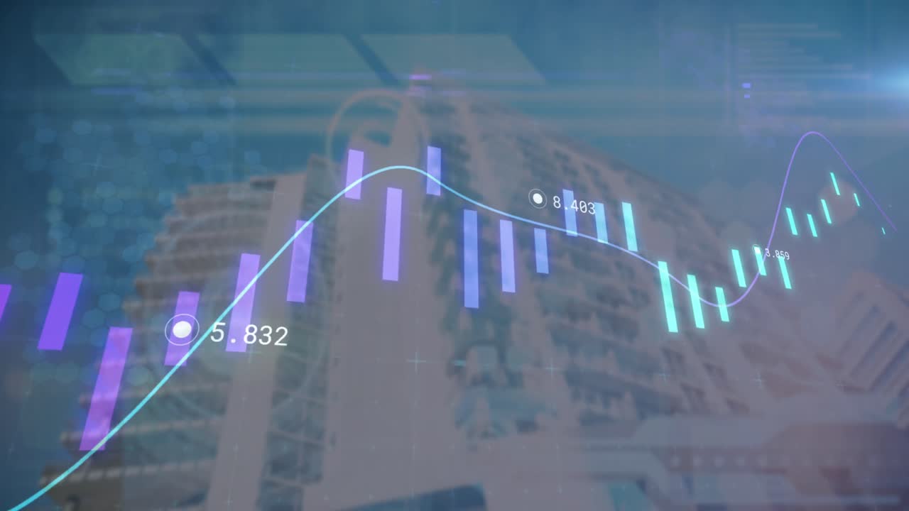 animación del procesamiento de datos sobre un edificio moderno
