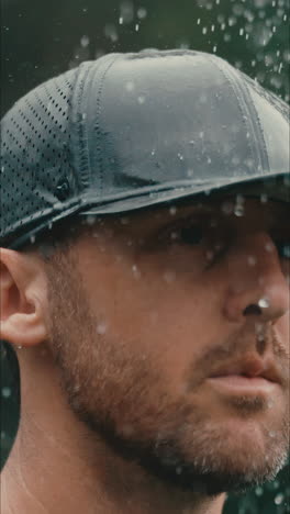 Close-up-of-male-athlete's-face-as-he-looks-up-at-competition-in-pouring-rain-in-slow-motion